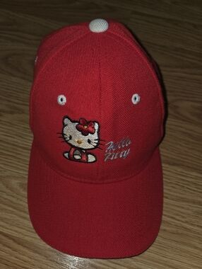 Vintage Kids Youth Adjustable Red Hello Kitty Wool Ball Cap Hat